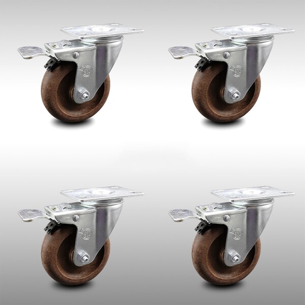 4 Inch SS High Temp Glass Filled Nylon Top Plate Caster Set Total Lock Brake SCC